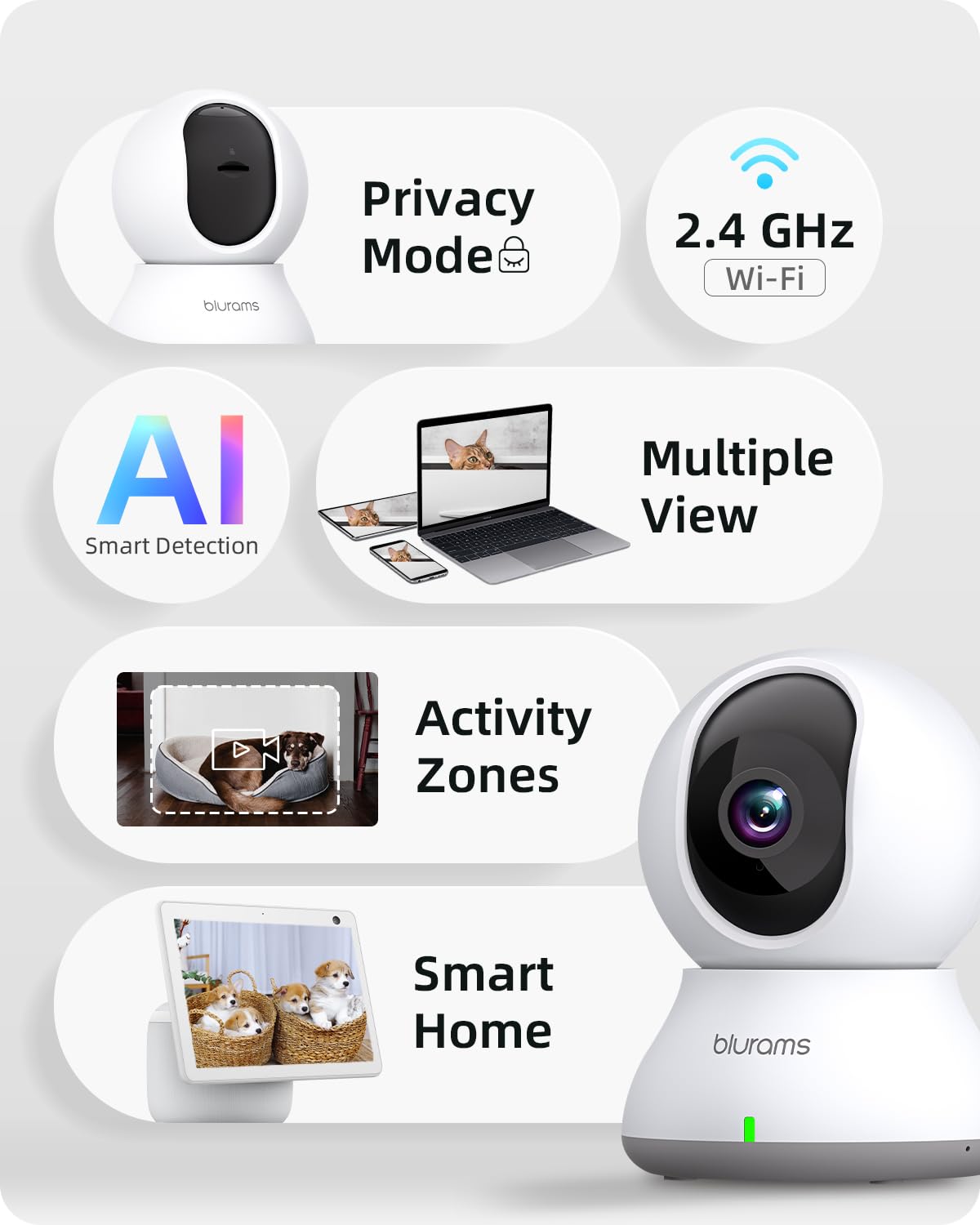 Security Camera 2K, blurams Baby Monitor Dog Camera 360-degree for Home Security w/Smart Motion Tracking, Phone App, IR Night Vision, Siren, Works with Alexa & Google Assistant & IFTTT, 2-Way Audio