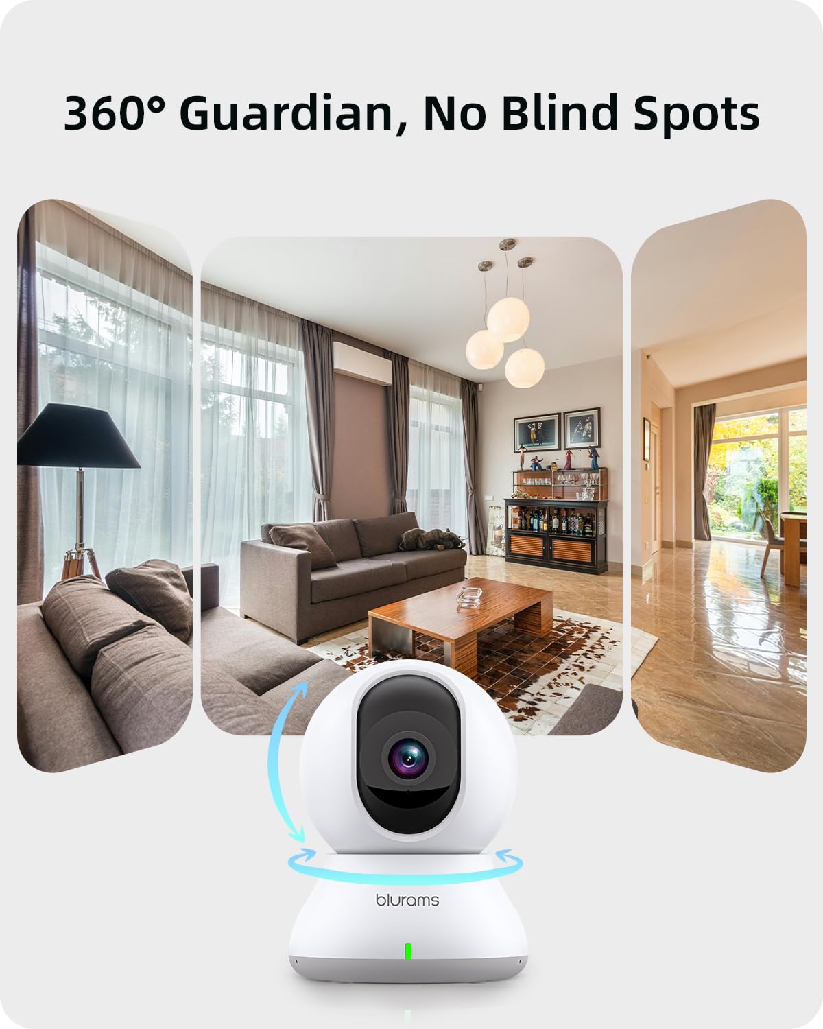 Security Camera 2K, blurams Baby Monitor Dog Camera 360-degree for Home Security w/Smart Motion Tracking, Phone App, IR Night Vision, Siren, Works with Alexa & Google Assistant & IFTTT, 2-Way Audio