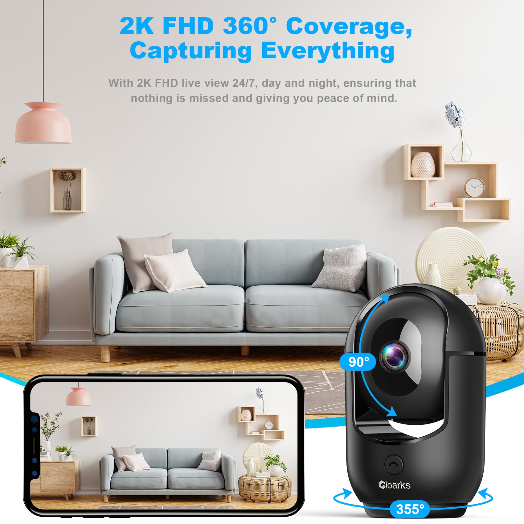 Cloarks 2K Pan/Tilt Security Camera, WiFi Indoor Cameras for Home Security with AI Motion Detection, Pet/Dog/Baby Camera with Phone App, 2-Way Audio, 24/7, Siren, TF/Cloud Storage