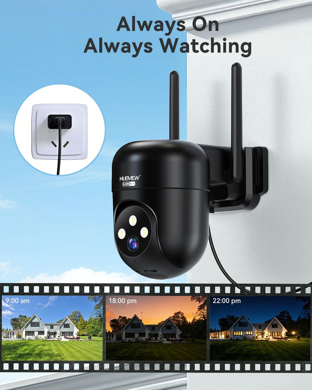 MUBVIEW 360° Security Cameras Wireless Outdoor,24/7 Wired Outdoor Camera for Home Security,Motion Tracking,5G/2.4G WiFi security camera,Night Vision,2-Way Talk, IP66,AI Detection,Local & Cloud Storage