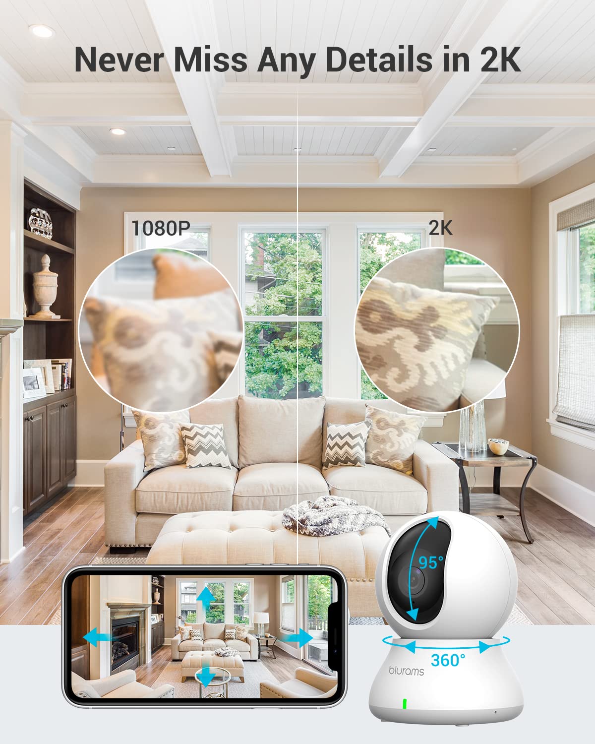 Security Camera 2K, blurams Baby Monitor Dog Camera 360-degree for Home Security w/Smart Motion Tracking, Phone App, IR Night Vision, Siren, Works with Alexa & Google Assistant & IFTTT, 2-Way Audio
