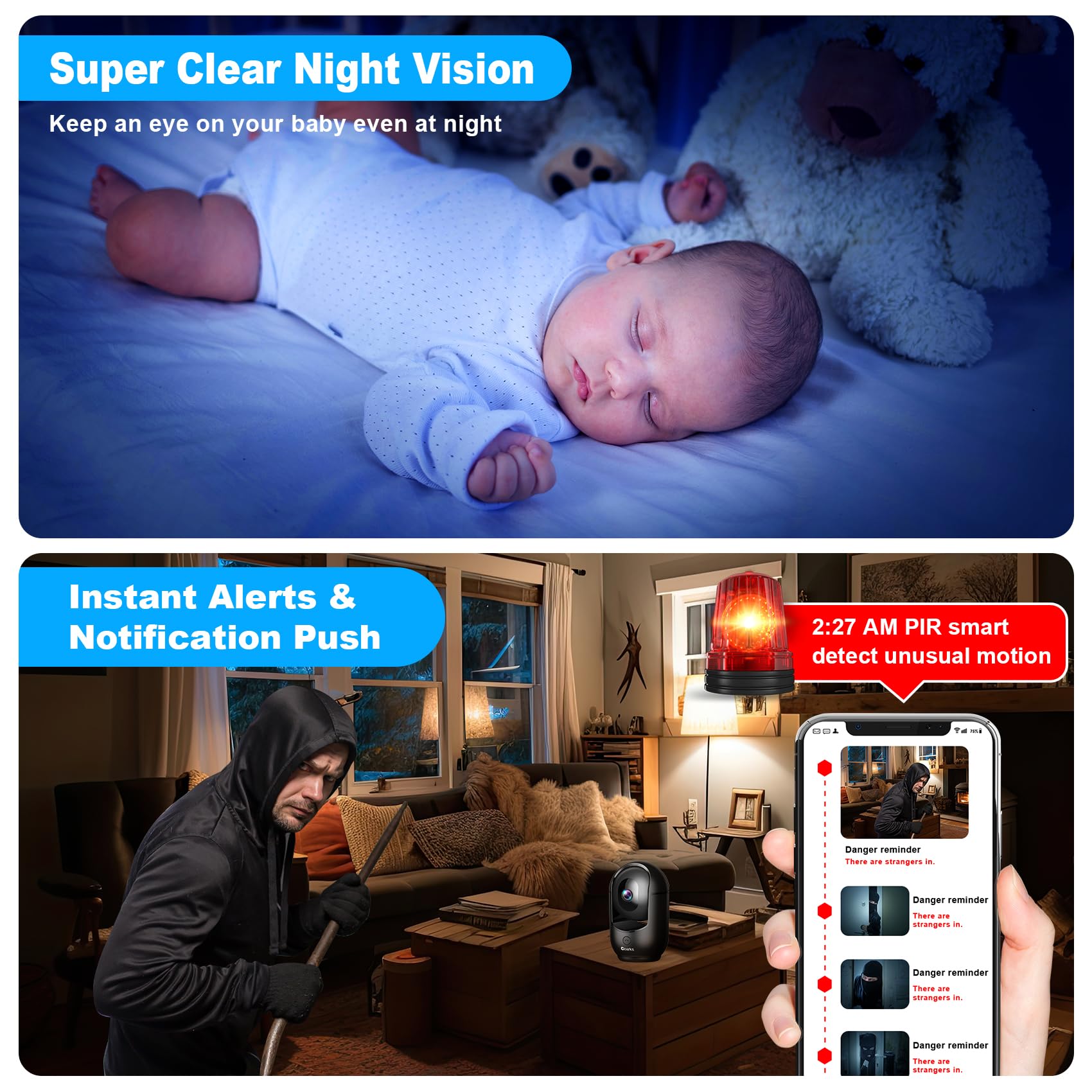 Cloarks 2K Pan/Tilt Security Camera, WiFi Indoor Cameras for Home Security with AI Motion Detection, Pet/Dog/Baby Camera with Phone App, 2-Way Audio, 24/7, Siren, TF/Cloud Storage