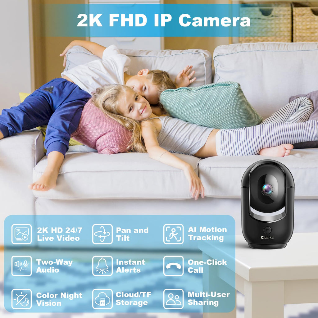 Cloarks 2K Pan/Tilt Security Camera, WiFi Indoor Cameras for Home Security with AI Motion Detection, Pet/Dog/Baby Camera with Phone App, 2-Way Audio, 24/7, Siren, TF/Cloud Storage